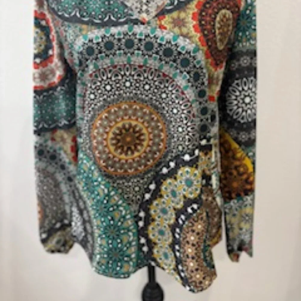 Multi-Colored Boho V-Neck Blouse, Size Small - Picture 2 of 8